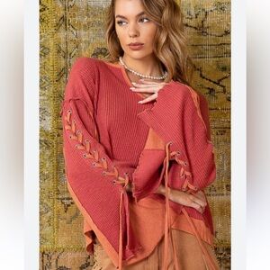 POL Ribbed Knit Color Block Long Sleeve with Lace Up Detail Top in Rose Combo M